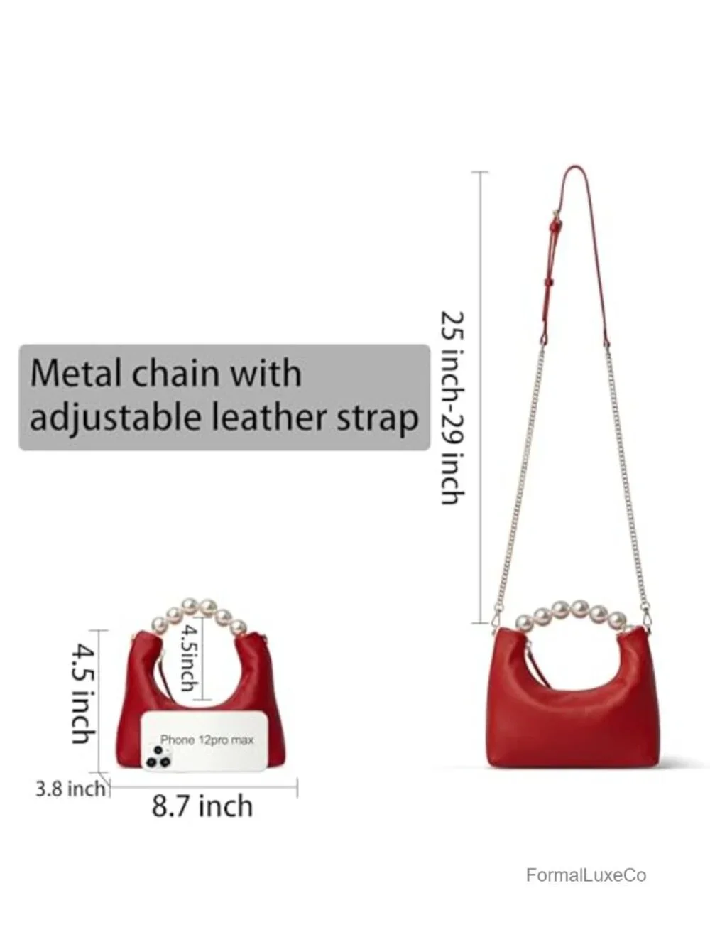 Genuine Leather Clutch Purse with Pearl Handle, Detachable Strap, Formal
